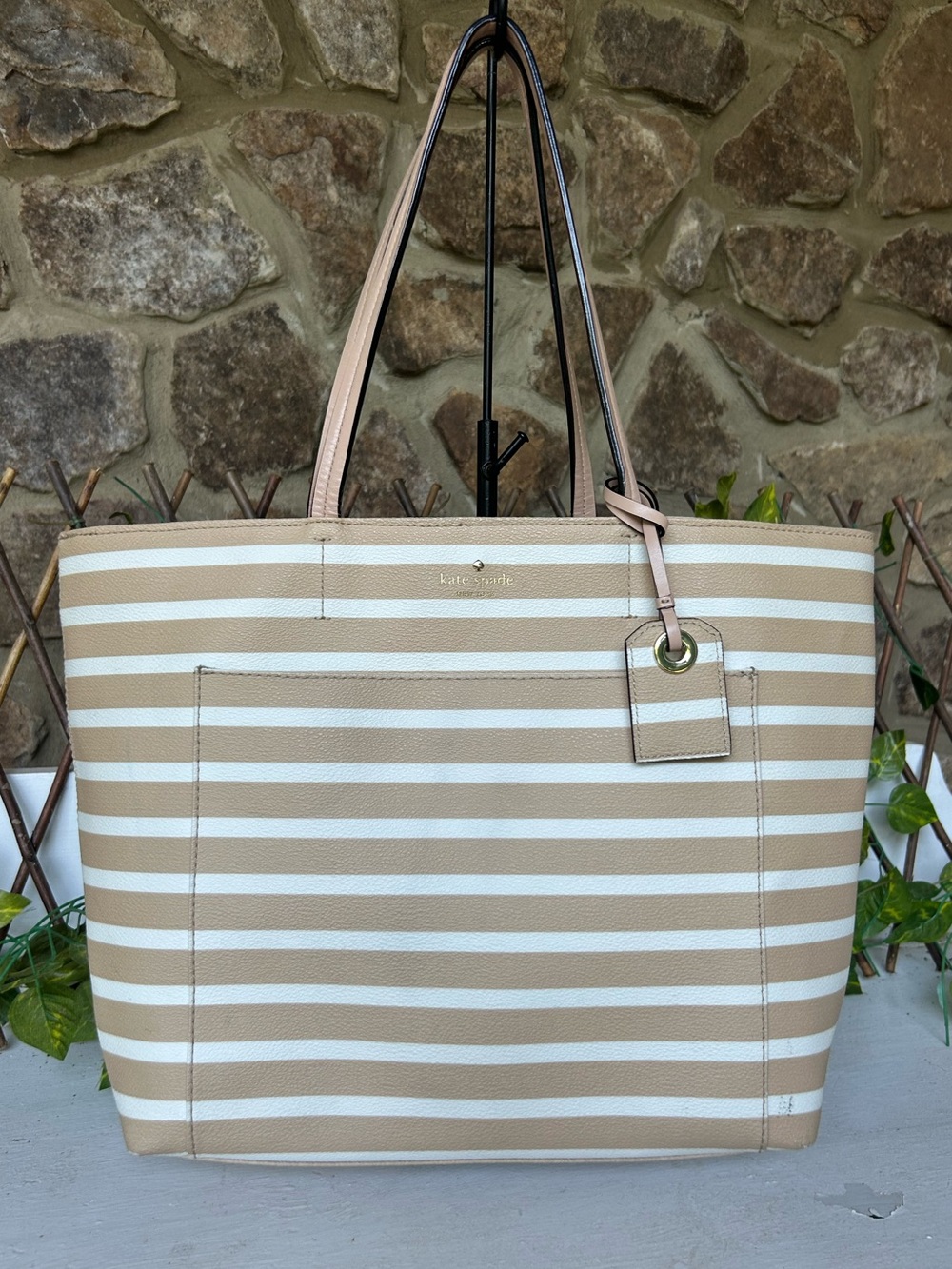 Kate Spade New York Hawthorne Lane Ryan Stripe Tote Beige Cream Shoulder Bag